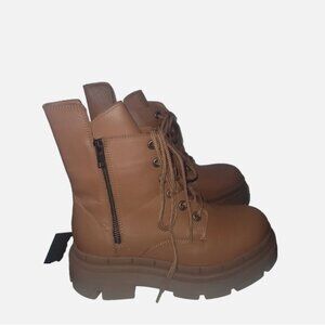 NIB Sheridan Mia Bela Brown Leather ChunkyPlatform ChunkyHeel Combat Boot 39/8.5